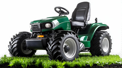 Obraz premium Green Compact Tractor Stands on Lush Green Grass with Large Tires and Single Seat