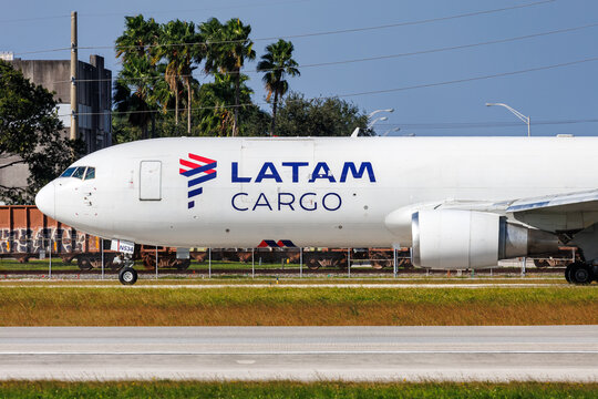 LATAM Cargo Boeing 767-300F airplane at Miami Airport in the United States