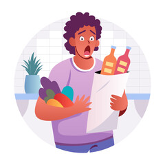 A flat illustration of shocked buyer holding grocery bag 

