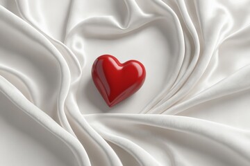 Red heart lays on white satin