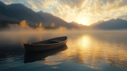 Naklejka premium Serene sunrise over misty lake with small rowboat.