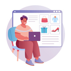 Flat illustration of a character doing website shopping 

