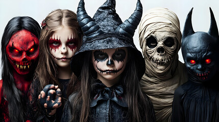 Group of Spooky Kids Poses in Halloween Costumes with Scary Makeup and Accessories for a Festive Photo