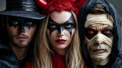 Three People Wearing Halloween Costumes and Makeup Pose for a Close-Up Portrait