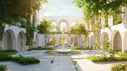 Fototapeta premium Sunlit courtyard with white arches, lush greenery, and a central fountain.