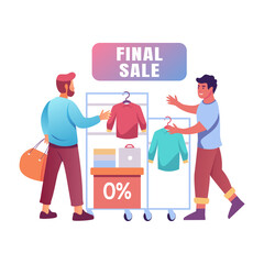 A flat illustration of two character standing on final discount rack 


