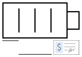 Battery outline with low power bars next to a signed receipt. Ideal for themes of energy usage, electricity costs, sustainability, budgeting, consumption, economic balance, abstract line flat