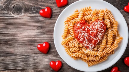 A plate of pasta shaped like a heart, topped with sauce and cheese, surrounded by heart-shaped decorations, creating a romantic dining experience., love, valentine day.