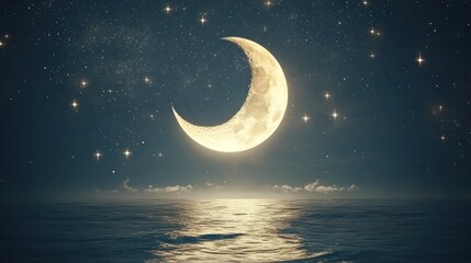 Fototapeta premium Crescent moon over calm ocean at night, stars shining brightly.