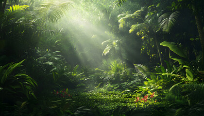 Obraz premium Lush Tropical Rainforest Sunlight Beams Through Canopy
