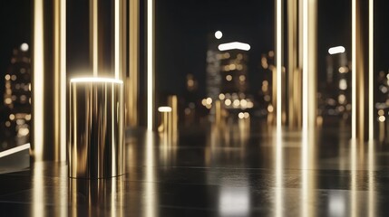 Illuminated metallic cylinders in a city nightscape.