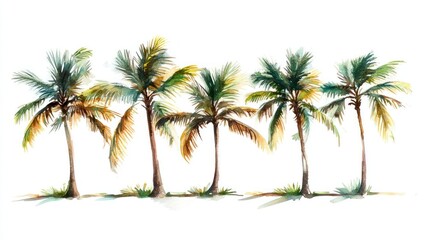 Obraz premium Watercolor painting of five palm trees in a row.
