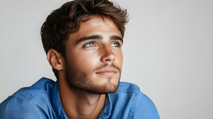 Fototapeta premium Portrait of a handsome young man gazing thoughtfully upwards while wearing a blue shirt.