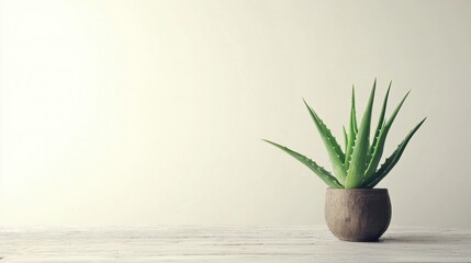 Serene Aloe Vera Plant in Pot on Rustic White Wood.