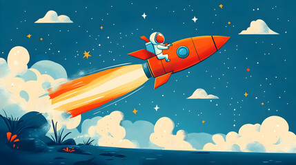 Astronaut Rides Rocket through the Night Sky over Whimsical Landscape