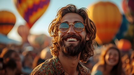 Vibrant Hot Air Balloon Festival with Friends Enjoying Picnic Outdoors