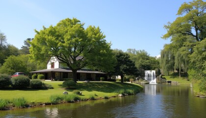 Obraz premium Serene Lakeside House with Waterfall