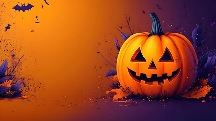 Smiling Jack-o'-Lantern Sits Amidst Autumn Leaves and Flying Bats Under an Orange Sky