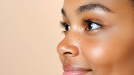 Close-up of young african female with smooth skin and bright eyes.