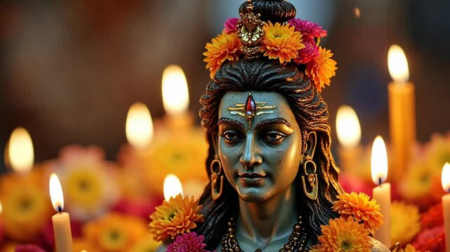 Glowing Statue of Lord Shiva Adorned With Flowers and Incense Sticks During Maha Shivaratri Celebrations