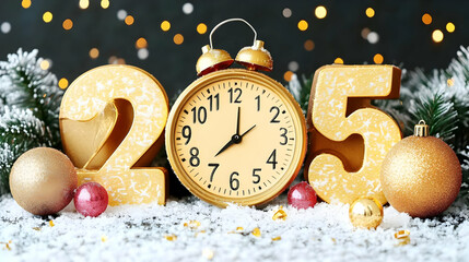 Golden 2055 New Year Numbers with Clock, Ornaments, and Snow Beautifully Arranged on Table