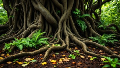 Ancient Tree Roots Unfolding Among Ferns in a Mystical Forest Environment