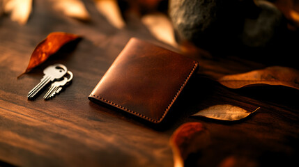 A brown leather wallet and keys are placed on a wooden surface surrounded by autumn leaves, creating a warm and cozy atmosphere.