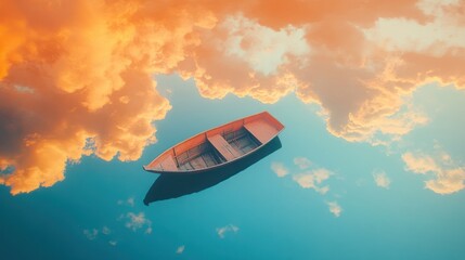 Orange boat floats on water under orange clouds at sunset, used for calm, peaceful themes