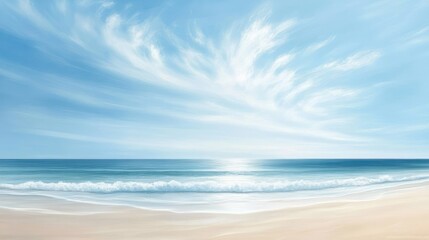 Obraz premium Serene beach scene with calm ocean waves under a vibrant blue sky filled with wispy clouds.