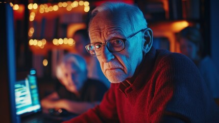 Fototapeta premium Senior man using computer, others blurred in background.