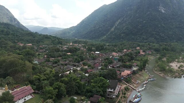 Descending drone footage above the remote village of Muang Ngoi in north Laos, heavily bombed during the secret war with CIA 1-2