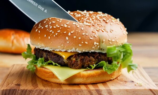  A juicy burger being cut in half with a sharp knife, revealing layers of fresh ingredients and melted cheese. The camera focuses on the cross-section as juices flow out