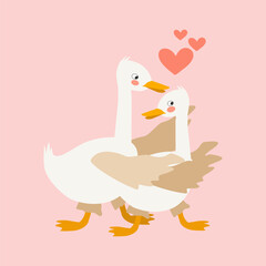 Cartoon geese in love hugging. Vector illustration for design of cards, banners, invitations, packaging, prints for clothes for Valentine's Day, wedding