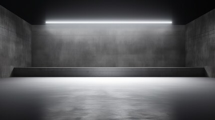 Obraz premium Empty Concrete Stage with Dramatic Light Beam Against Black Background, Ideal for Presentations and Artistic Displays
