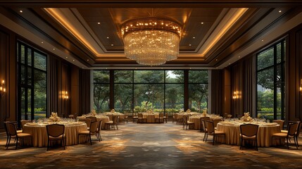 Luxurious ballroom with large windows and chandelier.