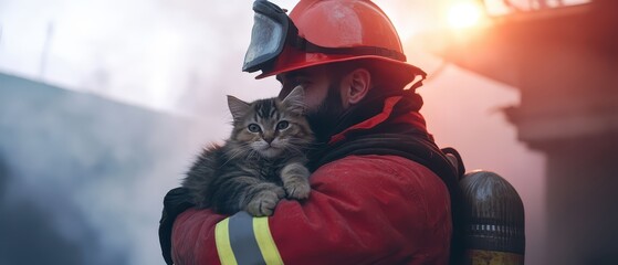 A firefighter carries a rescued kitten out of a smoky environment, showcasing bravery and compassion in a dramatic rescue scene.