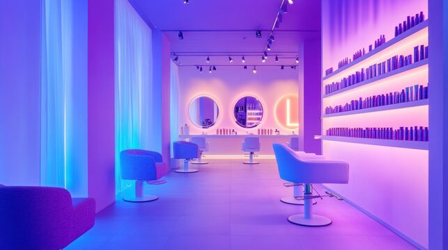 Modern beauty salon interior with purple and blue neon lighting, stylish chairs, and product display shelves.