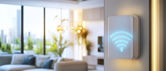 A futuristic fire alarm system is showcased in a sleek apartment setting, highlighting modern safety technology and design aesthetics.