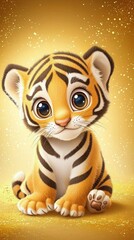 Cute cartoon baby tiger with stripes and big eyes sitting playfully on a golden yellow background.