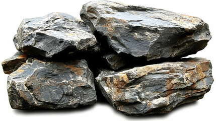 Dark gray and brown rocks form a rugged, textured pile, isolated on white with subtle shadows.