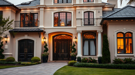 Exterior View of a Two-Story House at Night