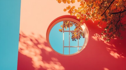 Round window with autumn leaves, pastel wall, sunlight.