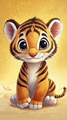 Cute cartoon baby tiger with stripes and big eyes sitting playfully on a golden yellow background.