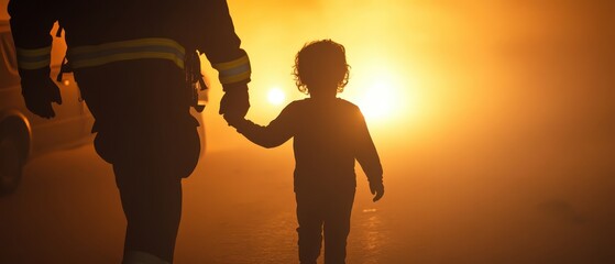 A child is seen holding a firefighter's hand during an evacuation, capturing a moment of safety and guidance in an emergency situation.