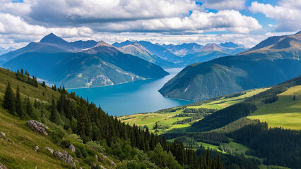 Blue sky, white clouds, green mountains, green waters