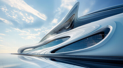 Obraz premium Futuristic Architectural Design with Sleek Curves and Glass Facade