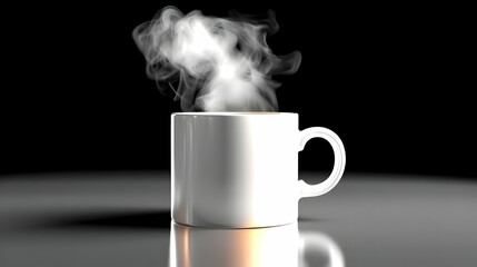 Steaming White Mug Sits on Reflective Surface with Dark Background and Subtle Lighting