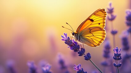 Obraz premium Butterfly on lavender flowers. Nature background with copy space. Generated by AI