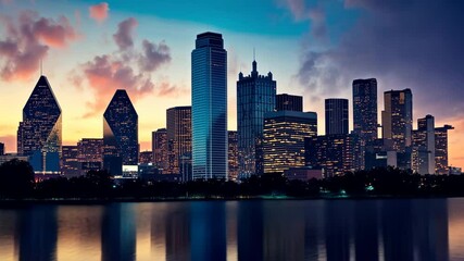 Dallas skyline at twilight showcasing modern architecture and vibrant city lights reflecting on the water