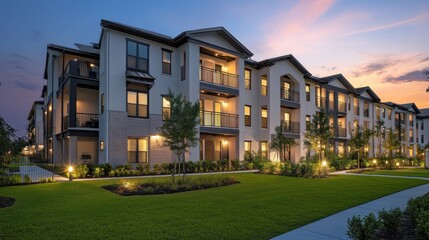 Fototapeta premium Modern apartment building at dusk, landscaped grounds, exterior lighting.